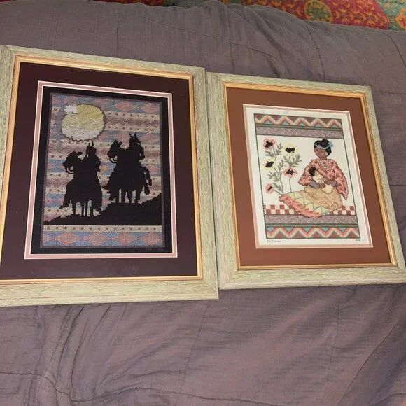 Native American Southwest Needle Point Cross Stitch Framed And Matted Set of 2 - Picture 2 of 10